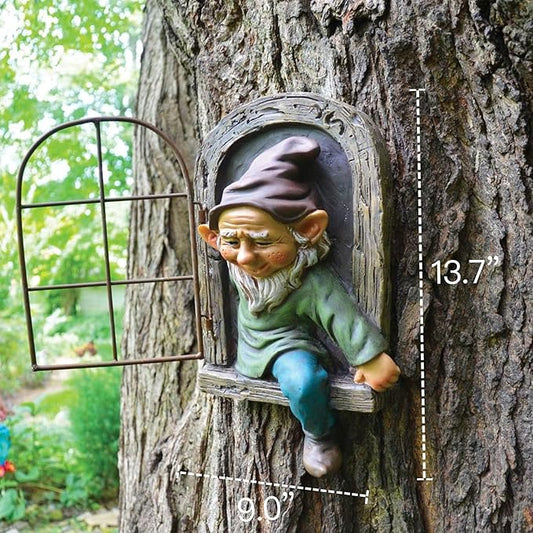 Tree peeker gnome statue in arched window, green shirt, blue pants, white beard