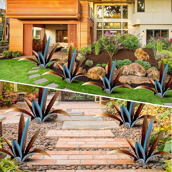 Metal Agave Plant Sculpture - 9-Leaf Rustic Garden and Patio Decor