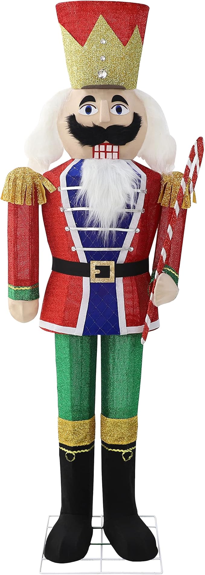 Lighted nutcracker soldier decoration with red coat, green pants, and warm white lights