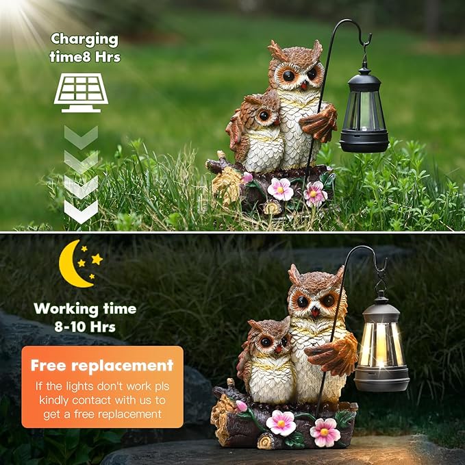 Owl Family Solar Garden Statue with LED Lantern - IP65 Resin Decor
