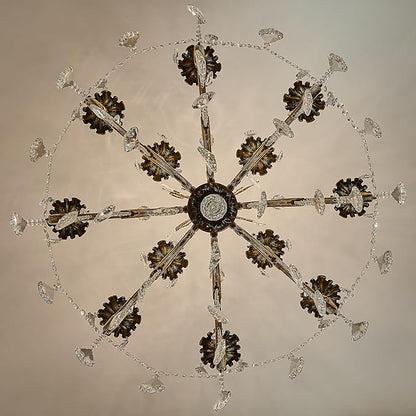 Antique gold crystal ceiling chandelier with starburst frame and hanging prisms