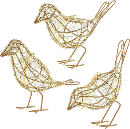 Artisan Gold Wire Bird Statues Trio - Handcrafted Metal Bird Figurines for Home, Office, and Shelf Decor