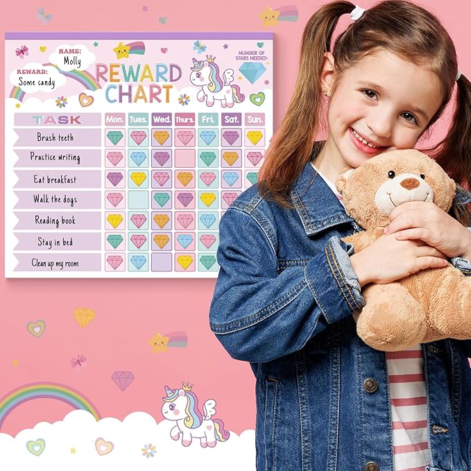 Kids unicorn reward chart with colorful task boxes and star reward icons on pink