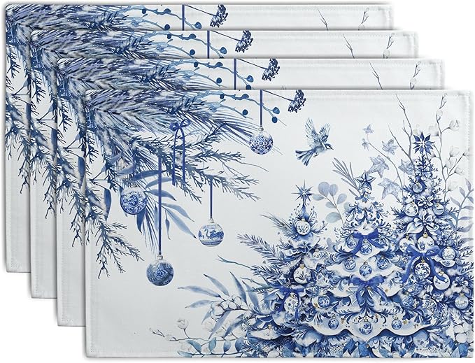 Set of 4 rectangular blue-and-white Christmas tree placemats with chinoiserie print