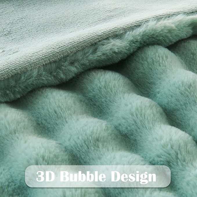 Sage Green Bubble Faux Fur Queen Blanket – 90"x90" | 550GSM Reversible Plush Rabbit Fluff | Botanical Bubble Pattern Throw for Bed & Sofa