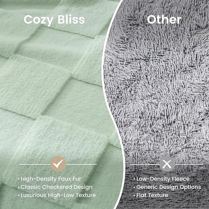 Sage Green Checkered Faux Fur King Blanket – 108"x90" | 450GSM 3D Jacquard Check Pattern | OEKO-TEX Certified Botanical Throw for King Beds