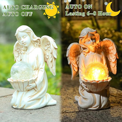 Solar Angel Garden Statue Holding Lotus with Crackle Glass Globe - UV-Resistant Resin Outdoor Decor