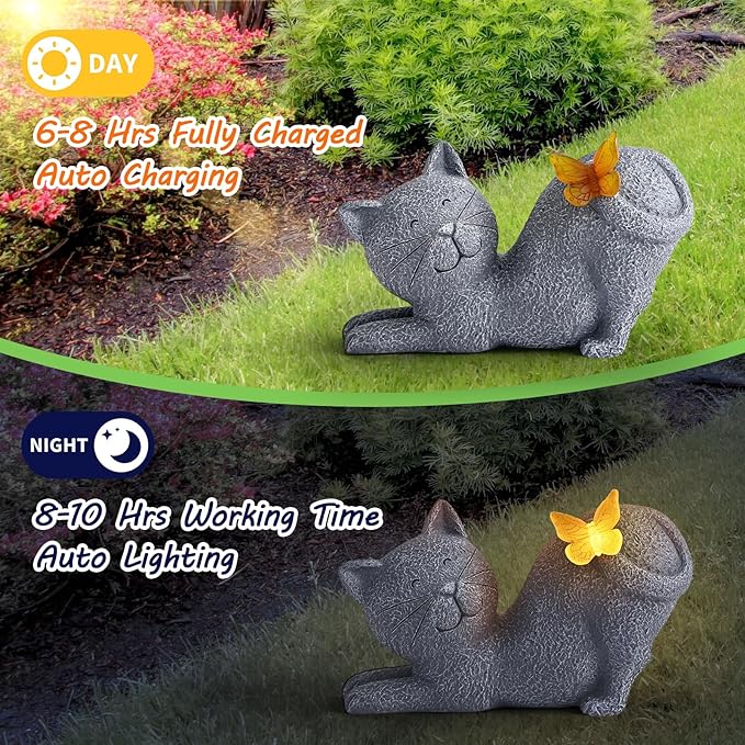 Solar Cat Garden Statue with Glowing Butterfly Tail - IP65 Resin Decor