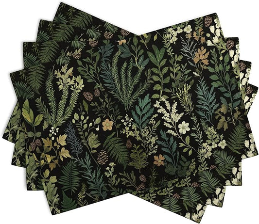 Set of 4 botanical placemats, overlapping fern and flower pattern in dark green tones