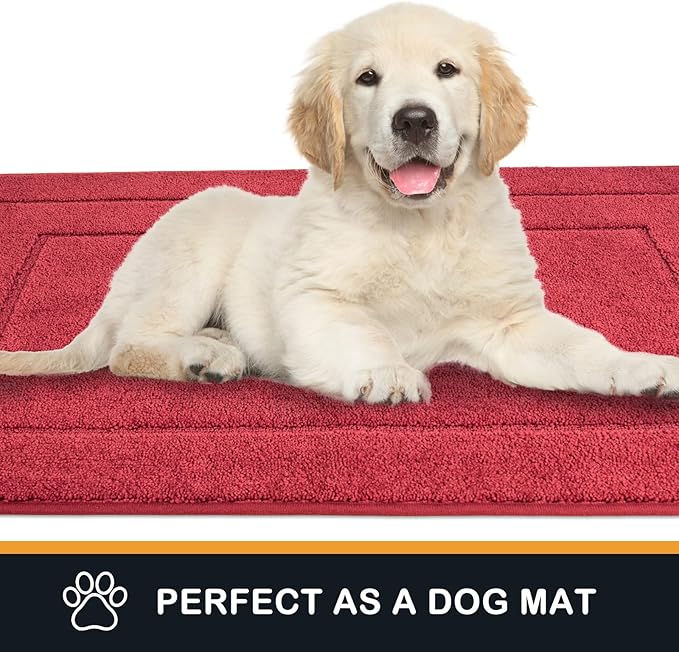 Burgundy red entryway runner with plush surface, styled as a dog mat