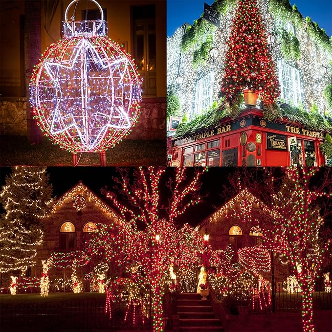 Outdoor Christmas string lights wrapping tree branches with red and green bulbs