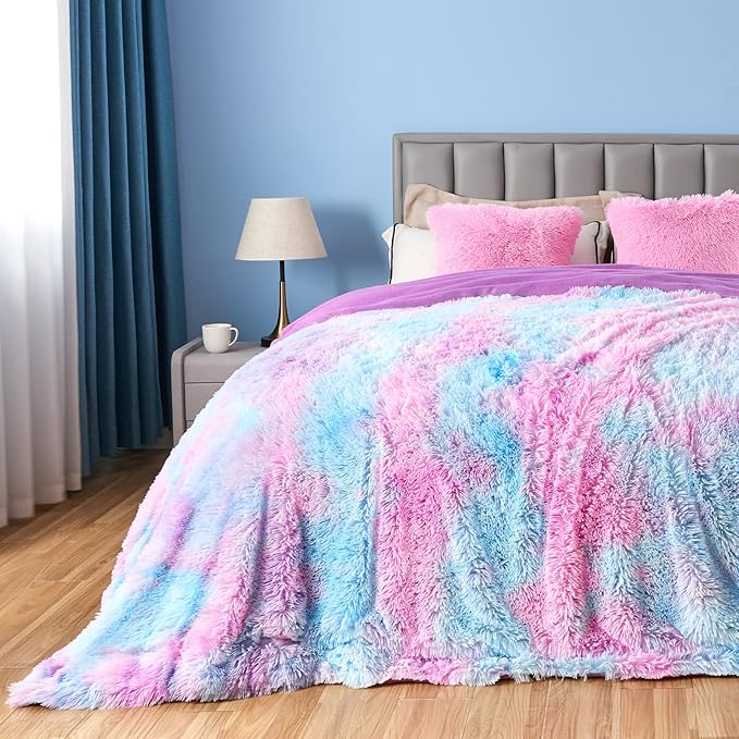 Purple Rainbow Shaggy Faux Fur Queen Blanket – 90"x90" | 1.5" Deep Plush Pile | Magical Whimsical Throw for Queen Beds & Fantasy Bedrooms