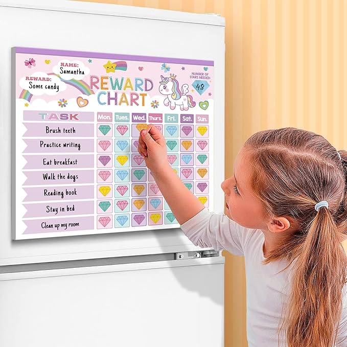 Kids reward chart board with unicorn design and chore task grid for home display
