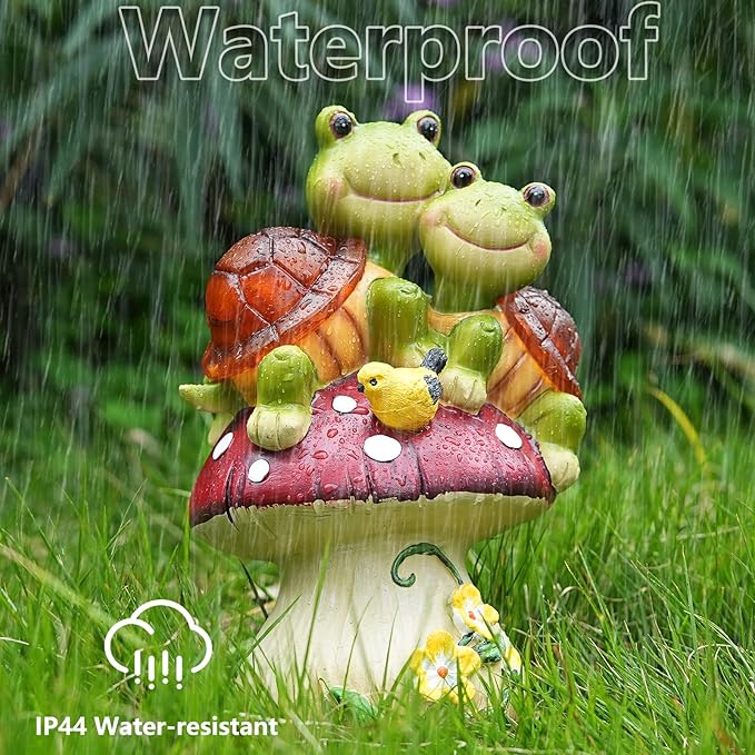Turtle on Mushroom Solar Garden Statue with 5 LED Lights - Resin Outdoor Decor