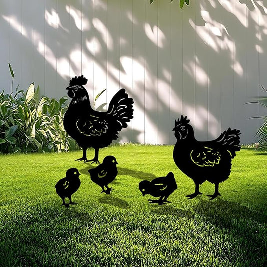 Black Chicken Metal Garden Stakes Set of 5 - Weather-Resistant Silhouette Yard Decor for Lawns, Gardens, Patios, Flower Beds, and Chicken Lovers