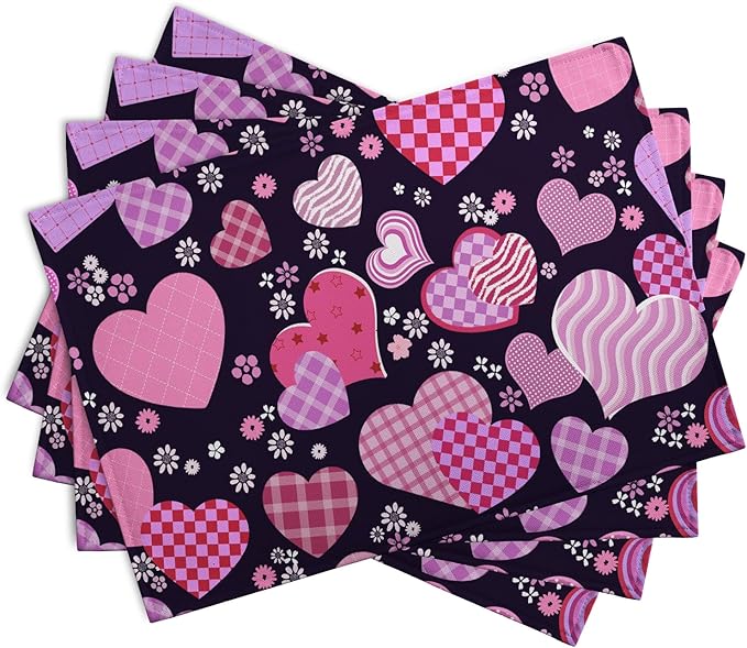 Patterned Love Hearts Valentine's Day Placemats, Set of 4 – 12 x 18-Inch Washable Cotton Linen Table Mats for Anniversary, Wedding Parties & Indoor or Outdoor Kitchen Dining Decor