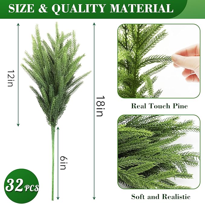 Green faux pine greenery stem bundle with needle clusters, measuring 18 inch