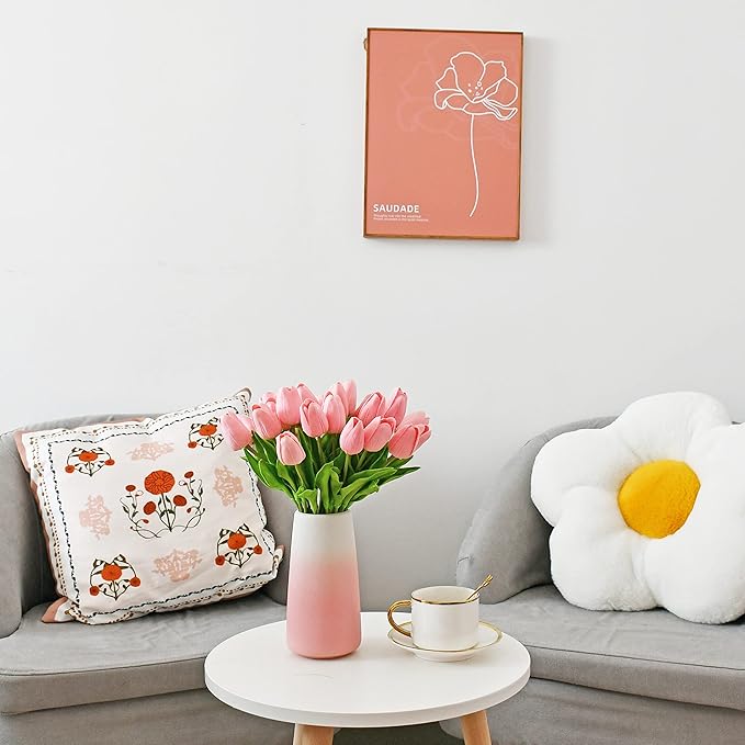 Light pink faux tulip bouquet in gradient pink vase with rounded petal heads