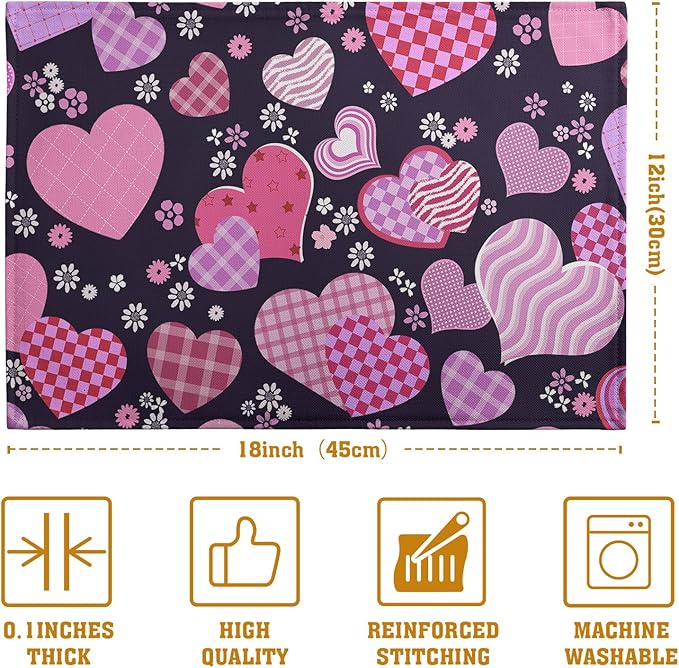 Patterned Love Hearts Valentine's Day Placemats, Set of 4 – 12 x 18-Inch Washable Cotton Linen Table Mats for Anniversary, Wedding Parties & Indoor or Outdoor Kitchen Dining Decor