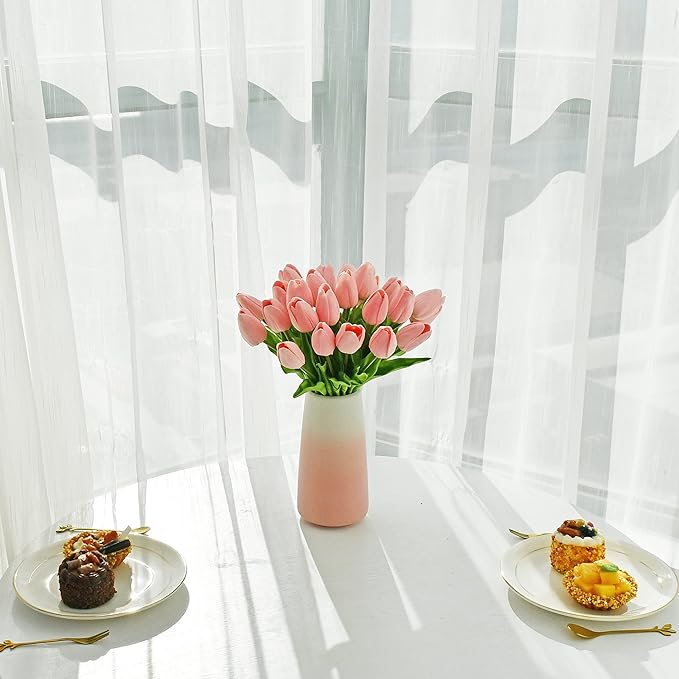Light pink faux tulip bouquet in gradient pink vase, full blossom arrangement