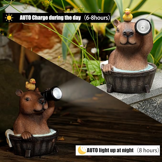 Capybara Solar Garden Statue with Duck and Flashlight - Funny Resin LED Outdoor Decor