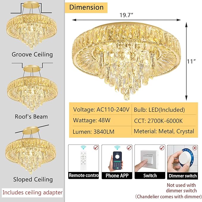 Crystal flush mount ceiling chandelier with gold finish, remote and LED specs diagram