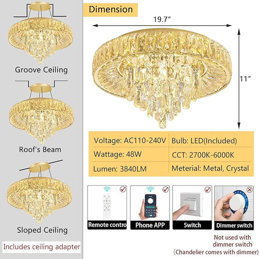 Crystal flush mount ceiling chandelier with gold finish, remote and LED specs diagram