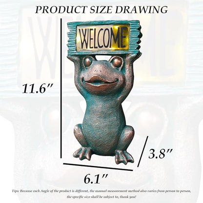 Solar Frog Garden Statue with Welcome Sign - 11.5-Inch Resin Outdoor Decor