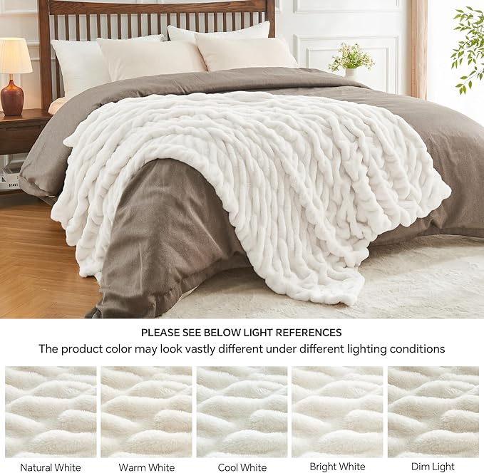 Cream Boho Ruched Faux Fur Throw Blanket – 50"x60" | Elastic Spandex Blend | Body-Conforming Fluffy Blanket | Stylish Couch Throw for Women