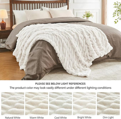 Cream Boho Ruched Faux Fur Throw Blanket – 50"x60" | Elastic Spandex Blend | Body-Conforming Fluffy Blanket | Stylish Couch Throw for Women