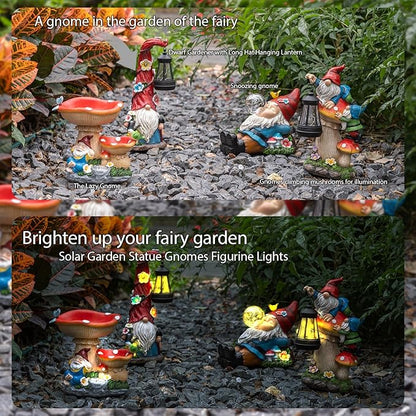 TIJNN Solar Garden Statue Gnomes Figurine Lights,Funny Gnomes Standing on Mushrooms with Lanterns, with Lanterns Outdoor Yard Decorations for Patio Porch Home, Garden Gifts for Women Mom