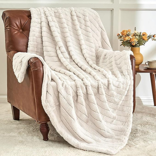 Beige Faux Rabbit Fur Throw Blanket – 50"x60" | 450GSM Wide Ribbed Shearling | Minimalist Luxury Plush Personal Couch Throw