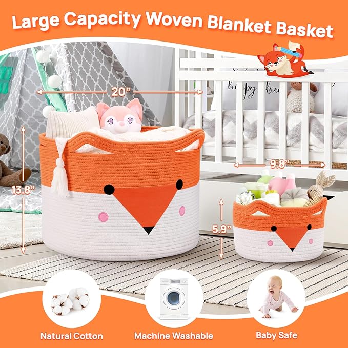 Large orange-and-white woven blanket basket with fox face, plus smaller matching basket