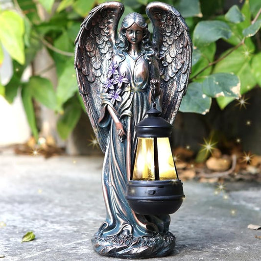 Bronze Solar Angel Garden Statue - 13.2-Inch Resin Outdoor Sculpture with Simulated Watering Effect and Night Light