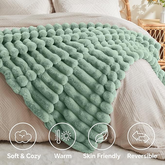 Sage Green Faux Rabbit Fur Throw Blanket – 50"x60" | 770GSM Double-Sided Luxury Fluffy Blanket | All Seasons | 3D Striped Plush Couch Throw