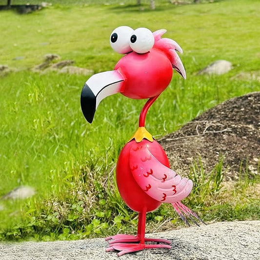 Red Metal Flamingo Garden Statue - Weather-Resistant Bird Yard Decor