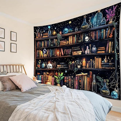 Magic Bookshelf Tapestry (Extra Large) – 70.9"x92.5" Vintage Witchy Books Gothic Wall Hanging | Dark Academia Starry Sky Decor for Bedroom & Living Room