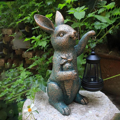 Solar Rabbit Garden Statue Holding Lantern and Carrot - Resin Outdoor Decor