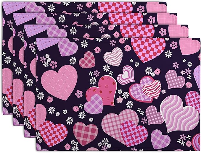 Patterned Love Hearts Valentine's Day Placemats, Set of 4 – 12 x 18-Inch Washable Cotton Linen Table Mats for Anniversary, Wedding Parties & Indoor or Outdoor Kitchen Dining Decor