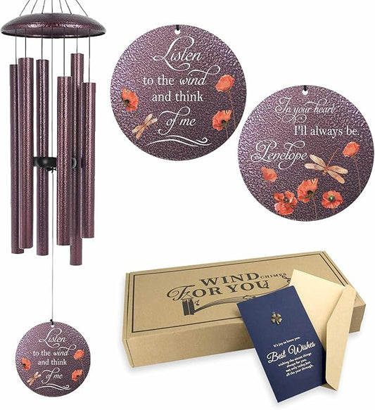 Purple personalized wind chime with three hanging rods and two floral message discs