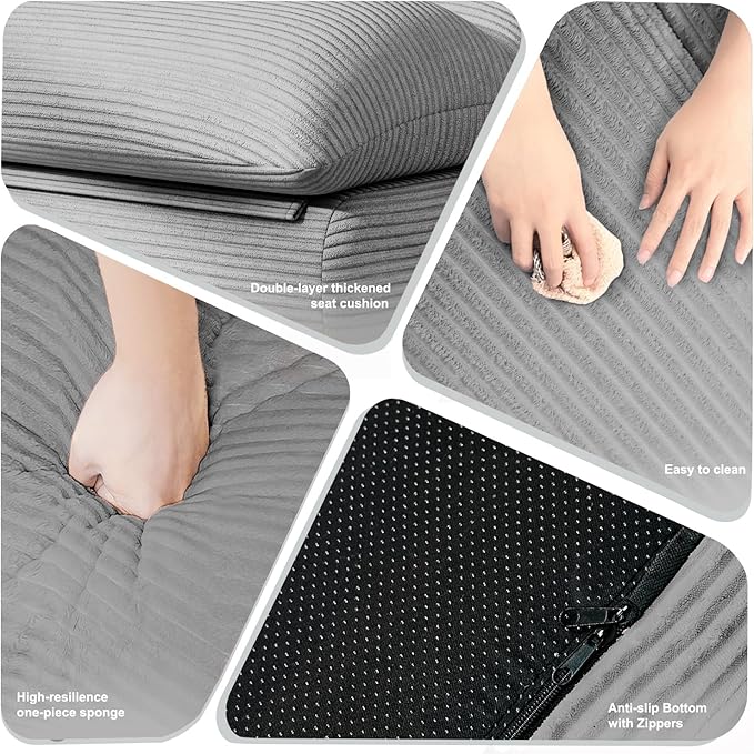 Silver Gray Corduroy Ergonomic Floor Lounge Chair - Structured Memory Foam Seat with Lumbar Support for Scandi Interiors, Nursery, and Reading Nook