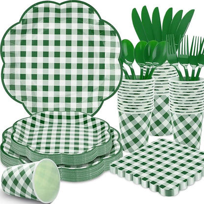 Green-and-white gingham picnic tableware set: plates, cups, forks, and spoons in stacks
