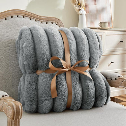 Grey Faux Rabbit Fur Throw Blanket – 60"x80" | 770GSM Double-Sided Luxury Fluffy Blanket | 3D Striped Plush Throw for Two
