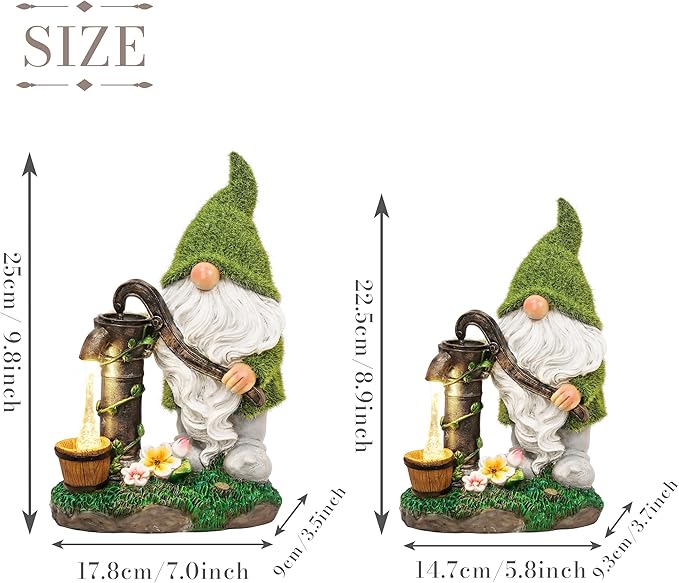Solar-powered resin garden gnome decor with green cap and lantern, shown with size diagram
