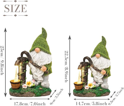 Solar-powered resin garden gnome decor with green cap and lantern, shown with size diagram