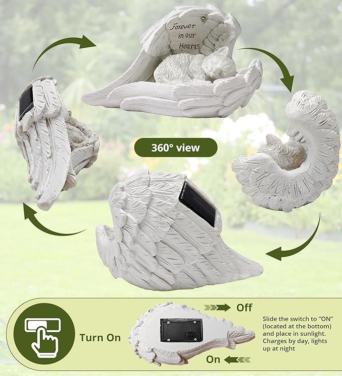 Angel Cat Memorial Garden Statue with Solar Light - Resin Pet Remembrance Decor