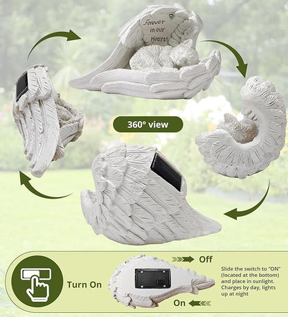 Angel Cat Memorial Garden Statue with Solar Light - Resin Pet Remembrance Decor