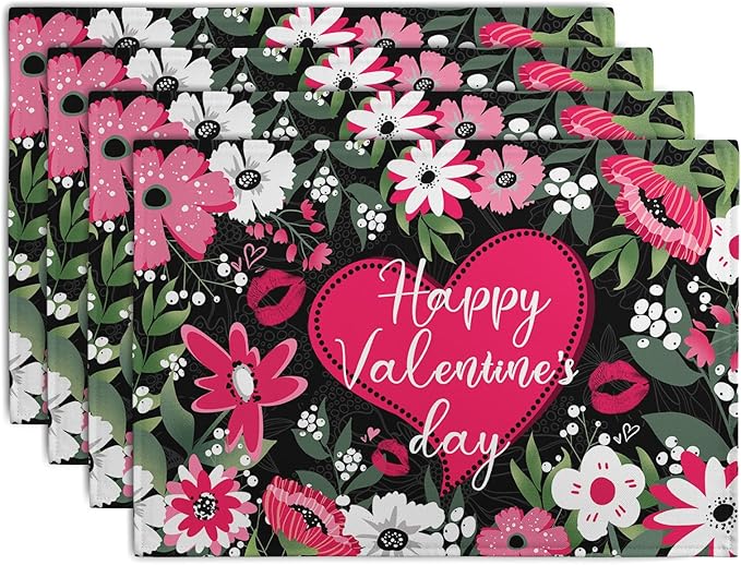 Happy Valentine's Day Floral Love Heart Placemats, Set of 4 – 18 x 12-Inch Cotton Linen Table Mats for Anniversary, Wedding Party, Kitchen & Dining Decor