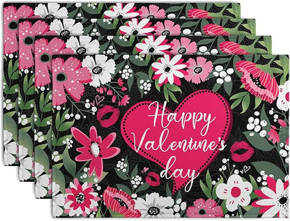 Happy Valentine's Day Floral Love Heart Placemats, Set of 4 – 18 x 12-Inch Cotton Linen Table Mats for Anniversary, Wedding Party, Kitchen & Dining Decor