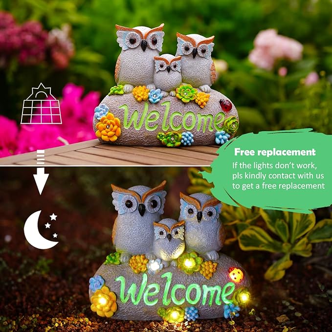 Solar Owl Garden Statue with Welcome Sign and Luminous Paint - Resin Outdoor Decor Gift